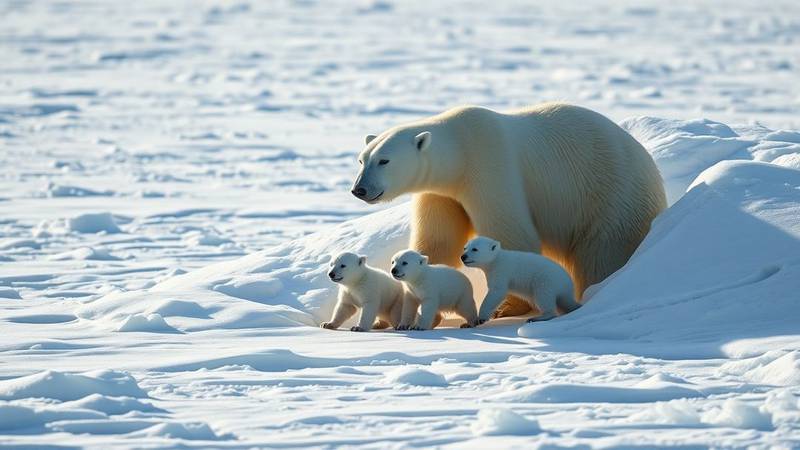 A polar bear mother and her cubs emerging from a snow den in the spring.