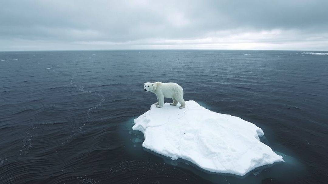 Polar bear on a small piece of melting sea ice, symbolizing habitat loss.
