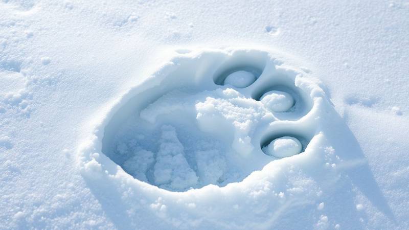 A polar bear paw print in the snow, demonstrating its large size.